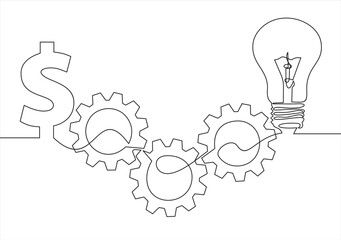 Abstract round metal gears wheels with light bulb and dollar as line drawing on white background. Concept of teamwork. Vector