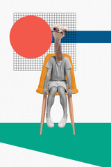 Composite photo artwork collage of headless man ostrich animal watching curious sitting changing...