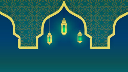 Hanging Islamic lantern background.Blank template with islamic decoration design. Green colors elegant vector illustration.