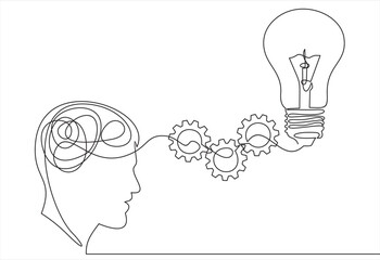 Strategic thinking and planning concept with head line and lightbulb with gears.continuous line