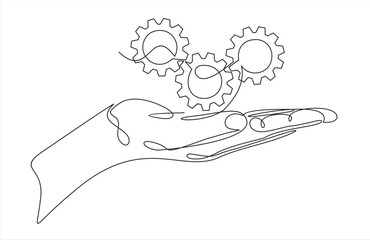 continuous one single line drawing of hand holding gears, tech development, engineering, technology