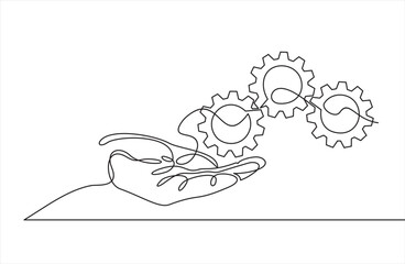 continuous one single line drawing of hand holding gears, tech development, engineering, technology