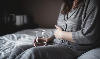 Pregnant woman holding drinking glass and medicine sitting on bed, generative AI