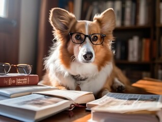 Smart Corgi Dog in Glasses is reading a Book. Book Lover Day. Generative Ai