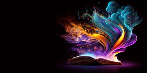 Multi-colored bright glowing puffs of smoke over the pages of an open book, on a black isolated background with free space for any inscription or text. Generative AI