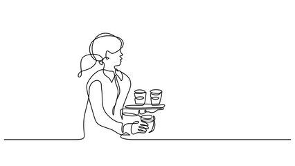 Waitress continuous one line drawing minimalist. Woman serving drinks to people, carrying tray in pub vector illustration. restaurant, bar staff. Girl bringing order for customer