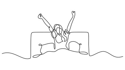 Girl wake up one line drawing minimalist, woman after sleep feeling fresh.