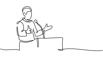 Continuous line drawing people give a speech on podium. Minimalist vector illustration. Man talking to audience during event.