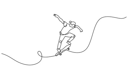 One line drawing people playing skateboard sport game.
