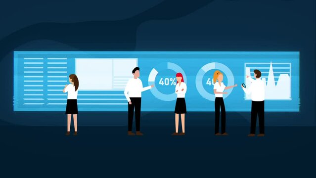 Teamwork of business analysts on holographic charts