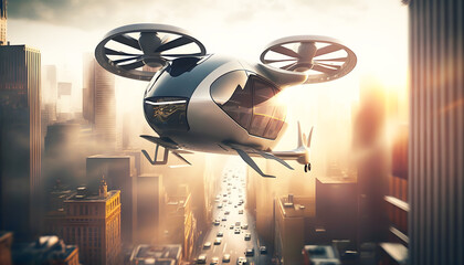 a futuristic flying vehicle in the air over a city, generative Ai