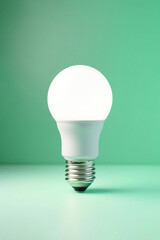 Illuminated LED light bulb on a green background.