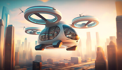 a futuristic flying vehicle in the air over a city, generative Ai
