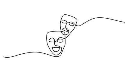 Greek mask one line drawing, opera event symbols continuous hand drawn.
