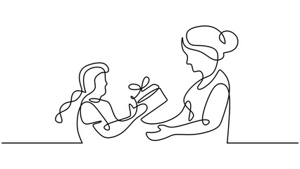 mothers day continuous one line drawing, a kid girl give a present to mom. Gift box is delivered to mother. Charity and love symbol. I love you mom.