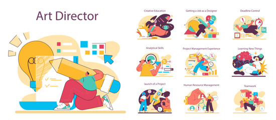 Fototapeta premium Art director career development set. Education, professional competences