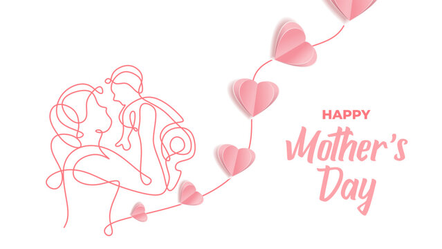 Mothers Day Banner Vector Card. Continuous One Line Art Drawing. Mother Holding Baby With Love And Heart Paper Cut. Mothers Day Text Celebration Vector Illustration.