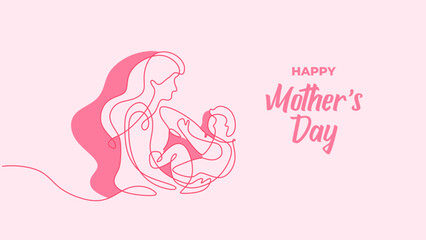 Continuous line drawing mothers day vector banner card. Mother with baby in happy moment. Celebration design pink colors background.