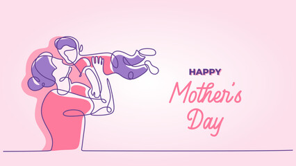Continuous line drawing mothers day vector banner card. Mother with baby in happy moment. Celebration design pink colors background.