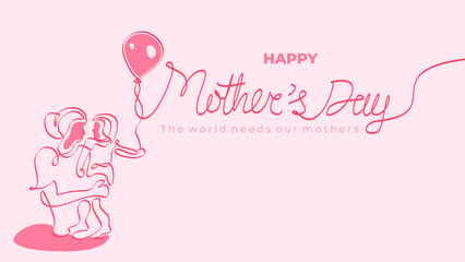 Continuous line drawing mothers day vector banner card. Mother with baby in happy moment. Celebration design pink colors background.