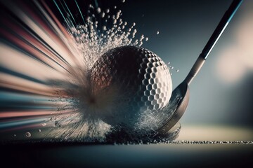 Dynamic Impact of Golf Swing: Close-Up Shot of Iron Club Striking Ball on Tee.