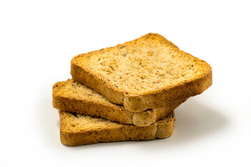 Crackers of dried rye bread, stacked on top of each other, white background. Crunchy rusk or toast for healthy life. Dieting food