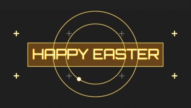 Happy Easter on digital screen with HUD elements and circles, motion abstract futuristic, cosmos and sci-fi style background
