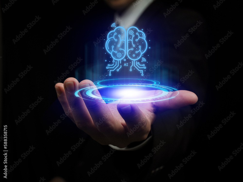 Wall mural ai artificial intelligence brain performance. businessman showing the development of future technolo