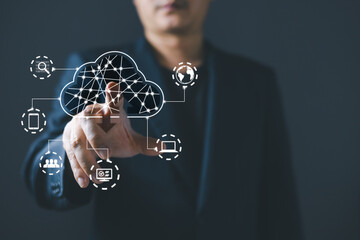 man touch cloud computing diagram show on hand.Data storage.the use of online digital network technology in business, buying and selling commerce online digital marketplace