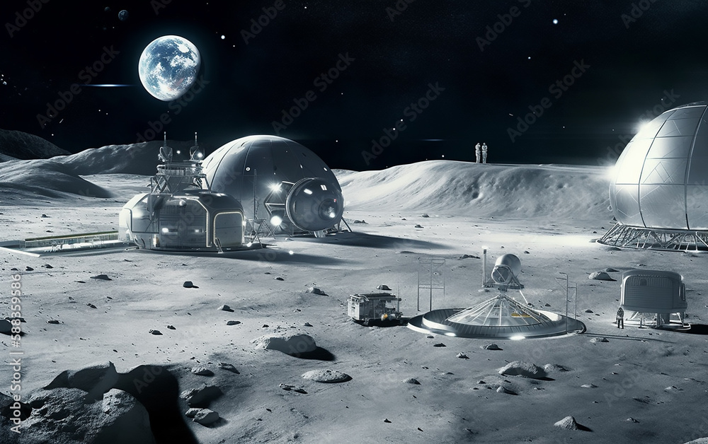 Wall mural illustration of a new space station on the moon. lunar base with advanced infrastructure sits under 