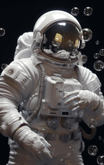 Astronaut surrounded by floating bubbles in space, representing a playful and surreal encounter during a space mission.
