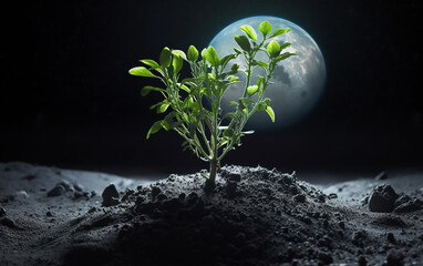 Fresh green plant sprouting from moon soil, emphasizing the concept of extraterrestrial life with Earth in the backdrop.
