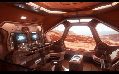 Inside view of a Mars rover cockpit, well-equipped with state-of-the-art technology for navigating alien terrains.