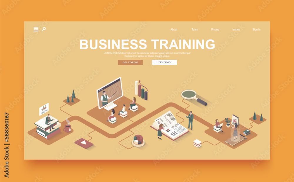 Poster business training concept 3d isometric landing page template. people improve qualifications and prof
