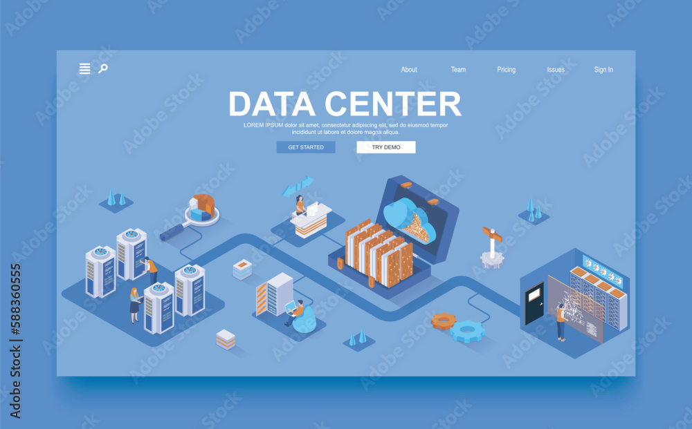 Poster Data center concept 3d isometric landing page template. People control and monitor operation of data processing equipment, maintain of servers. Vector illustration in isometry graphic design.