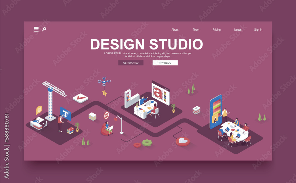 Aufkleber design studio concept 3d isometric landing page template. people work in creative agency, create gra