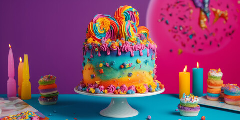 Brightly coloured birthday cake with frosting and iced decorations on a cake stand. Generative ai