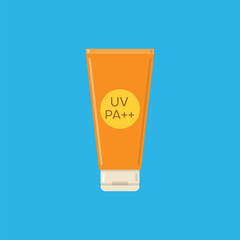 Sunscreen cream in tube symbol. Protection for the skin from solar ultraviolet light. Flat icon. Vector illustration isolated on blue background.