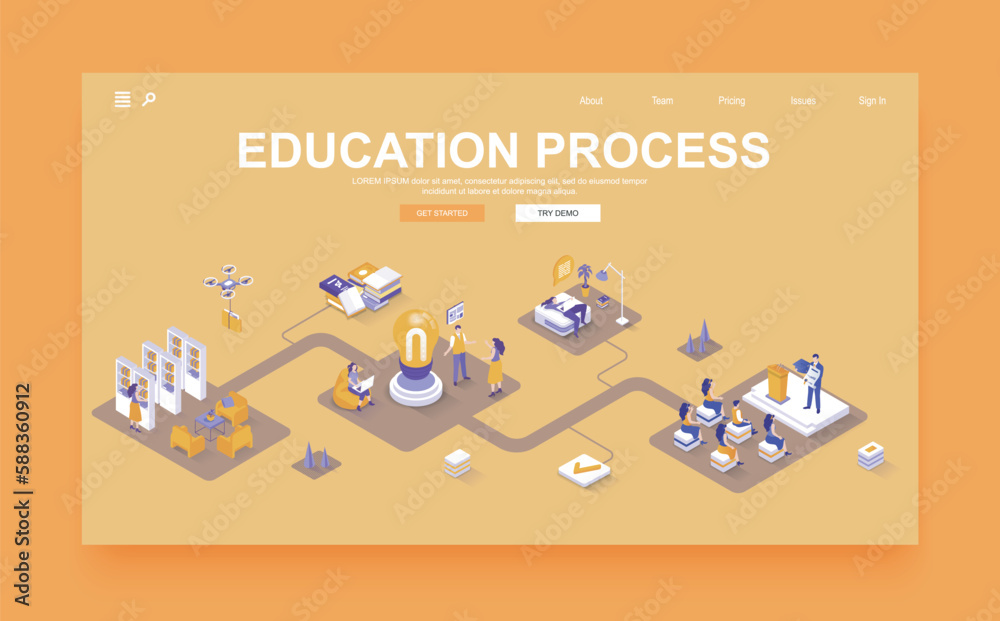 Poster education process concept 3d isometric landing page template. people studying, attend classes and li