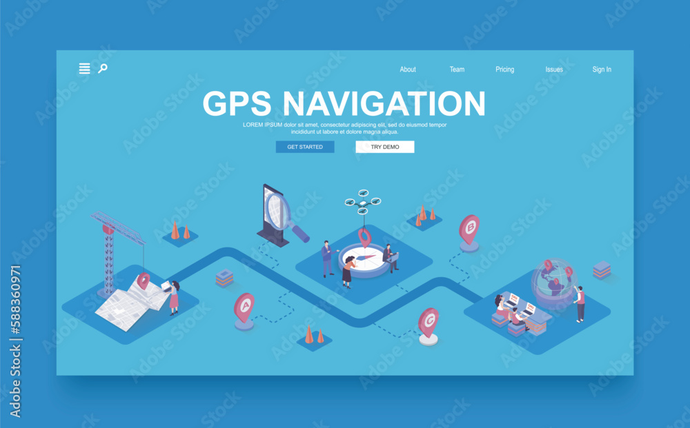 Poster GPS navigation concept 3d isometric landing page template. People use online maps in applications, create and track routes with location search. Vector illustration in isometry graphic design.