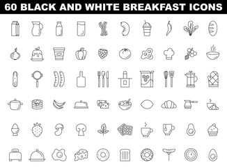 Breakfast icons set. Simple black and white morning food and cooking