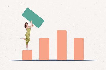 Photo poster collage of young excited banking worker build chart finance budget stats growing progress isolated on white background