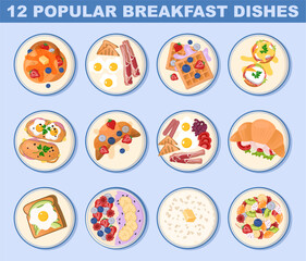Popular breakfast dishes set. Healthy morning food top view. Eggs with bacon
