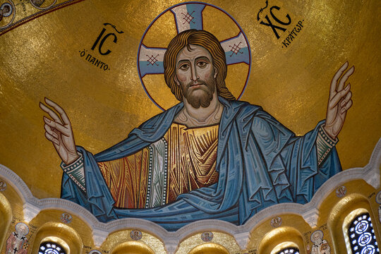 Christ Pantocrator, interior of the Church of Saint Sava, Serbian Orthodox church. Belgrade, Serbia - March 31, 2023.
