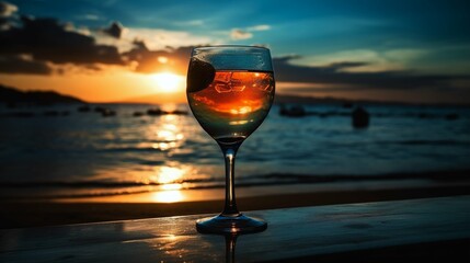 Cocktail on a beach, sea, glass, Generative AI