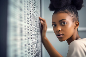 Pretty young afro-american woman working with data schedules. Generative AI