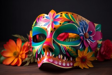 cinco de mayo mask surrounded by flowers created with Generative AI technology