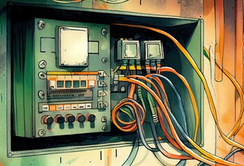 Watercolor Illustration of a Network Panel, Switch And Cable In Data Center. Generative AI