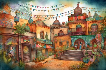 Cinco de Mayo celebration in a traditional Mexican town square created with Generative AI technology