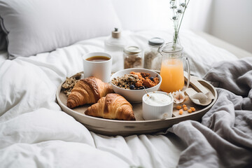 Fototapeta na wymiar Continental breakfast with croissants in bed. Generative AI